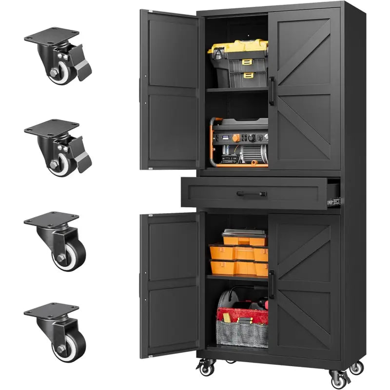 Letaya Large Rectangular Modern Steel Rolling Storage Cabinet - 69.3/73In Tall, 4 Doors, 2 Drawers, Adjustable Shelves, Leveling Legs, 120 Lbs per Shelf, for Garage, Office