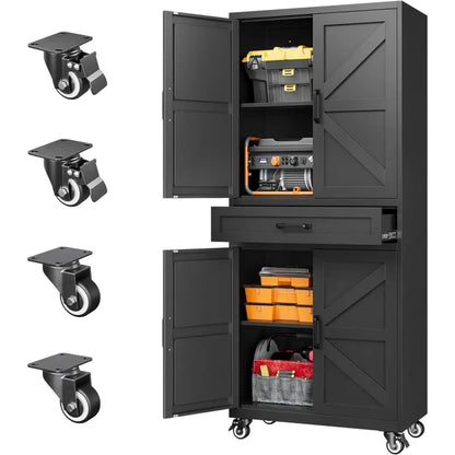 Letaya Large Rectangular Modern Steel Rolling Storage Cabinet - 69.3/73In Tall, 4 Doors, 2 Drawers, Adjustable Shelves, Leveling Legs, 120 Lbs per Shelf, for Garage, Office