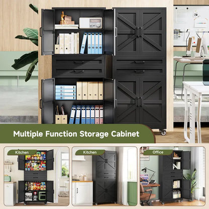 Letaya Large Rectangular Modern Steel Rolling Storage Cabinet - 69.3/73In Tall, 4 Doors, 2 Drawers, Adjustable Shelves, Leveling Legs, 120 Lbs per Shelf, for Garage, Office