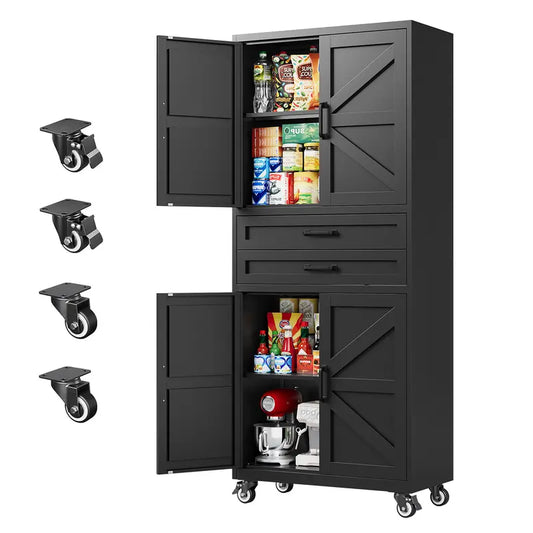 Letaya Large Rectangular Modern Steel Rolling Storage Cabinet - 69.3/73In Tall, 4 Doors, 2 Drawers, Adjustable Shelves, Leveling Legs, 120 Lbs per Shelf, for Garage, Office