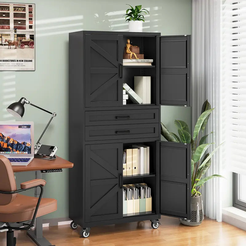 Letaya Large Rectangular Modern Steel Rolling Storage Cabinet - 69.3/73In Tall, 4 Doors, 2 Drawers, Adjustable Shelves, Leveling Legs, 120 Lbs per Shelf, for Garage, Office