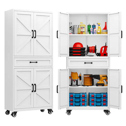Letaya Large Rectangular Modern Steel Rolling Storage Cabinet - 69.3/73In Tall, 4 Doors, 2 Drawers, Adjustable Shelves, Leveling Legs, 120 Lbs per Shelf, for Garage, Office