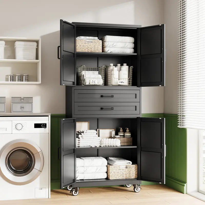 Letaya Large Rectangular Modern Steel Rolling Storage Cabinet - 69.3/73In Tall, 4 Doors, 2 Drawers, Adjustable Shelves, Leveling Legs, 120 Lbs per Shelf, for Garage, Office