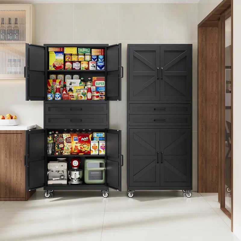 Letaya Large Rectangular Modern Steel Rolling Storage Cabinet - 69.3/73In Tall, 4 Doors, 2 Drawers, Adjustable Shelves, Leveling Legs, 120 Lbs per Shelf, for Garage, Office