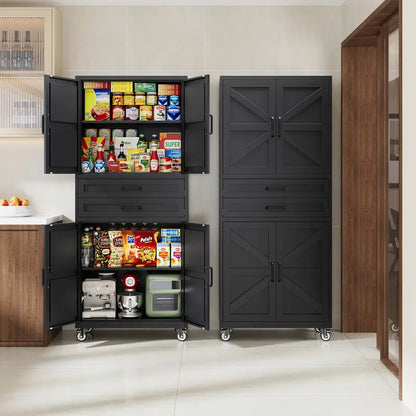 Letaya Large Rectangular Modern Steel Rolling Storage Cabinet - 69.3/73In Tall, 4 Doors, 2 Drawers, Adjustable Shelves, Leveling Legs, 120 Lbs per Shelf, for Garage, Office