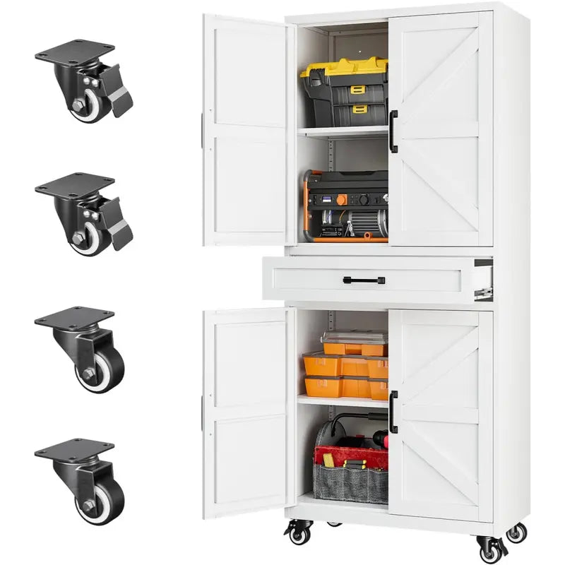 Letaya Large Rectangular Modern Steel Rolling Storage Cabinet - 69.3/73In Tall, 4 Doors, 2 Drawers, Adjustable Shelves, Leveling Legs, 120 Lbs per Shelf, for Garage, Office