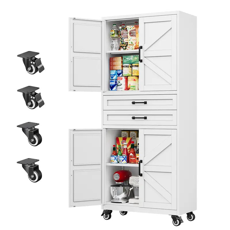 Letaya Large Rectangular Modern Steel Rolling Storage Cabinet - 69.3/73In Tall, 4 Doors, 2 Drawers, Adjustable Shelves, Leveling Legs, 120 Lbs per Shelf, for Garage, Office