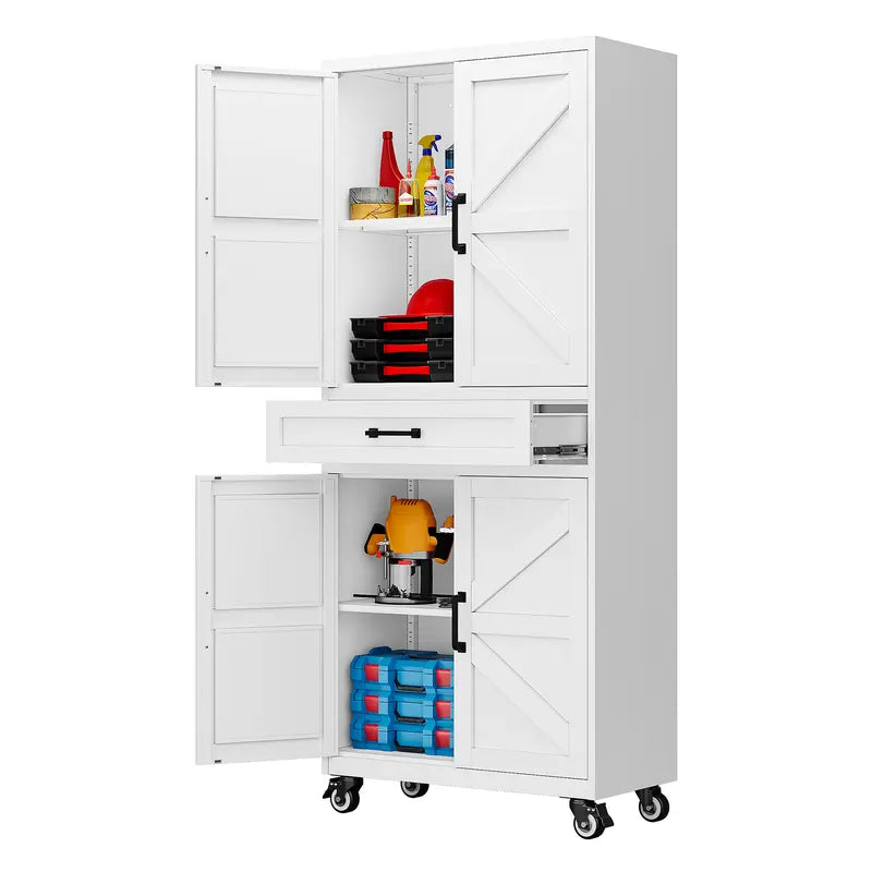 Letaya Large Rectangular Modern Steel Rolling Storage Cabinet - 69.3/73In Tall, 4 Doors, 2 Drawers, Adjustable Shelves, Leveling Legs, 120 Lbs per Shelf, for Garage, Office